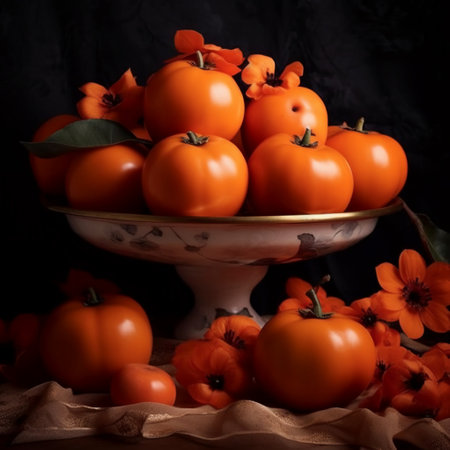 Still life with persimmons and flowers on a dark background.の素材