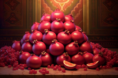 Pomegranate fruit pyramid with red berries on old wooden tableの素材