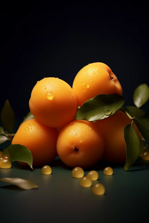 Fresh apricots with leaves and water drops on a dark backgroundの素材