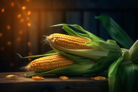 Fresh corn on cobs on wooden table with bokeh backgroundの素材