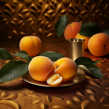 Still life with ripe apricots on a golden tablecloth.の素材