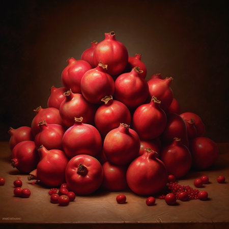 Pomegranate Christmas tree made of red fruits on dark backgroundの素材