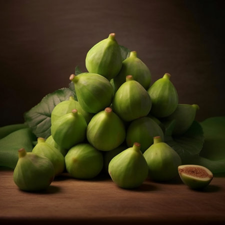 Fresh green figs on a wooden table. Selective focus.の素材