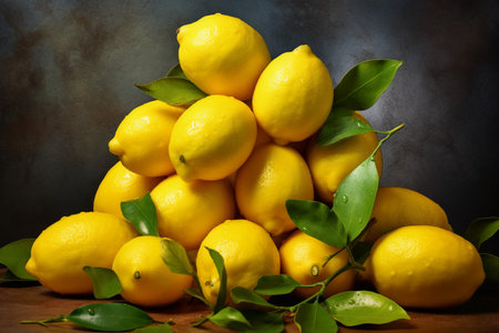 Lemons with leaves on a dark background. Toned.の素材