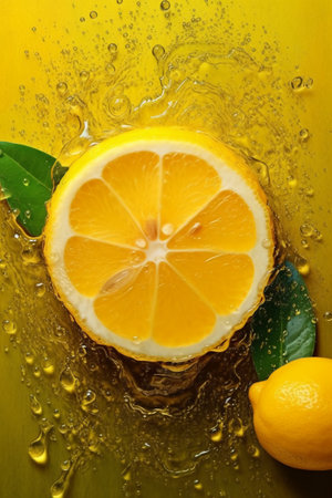 Lemon slice and green leaves in water with drops on yellow backgroundの素材