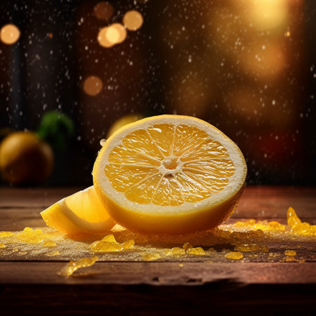 lemon slice on wooden table with drops of water and bokeh backgroundの素材