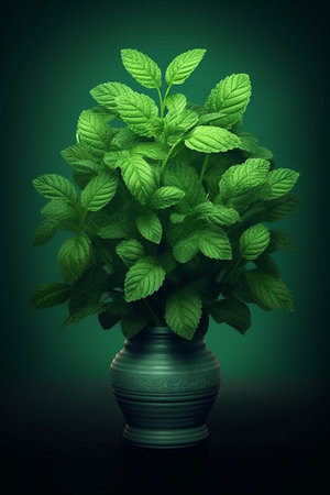 Mint leaves in a vase on a dark green background.の素材