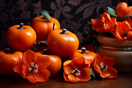 Still life with orange persimmons and tulips on black backgroundの素材