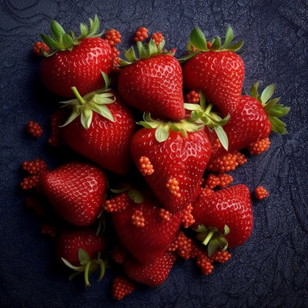 Strawberries on a dark background, top view, close-upの素材