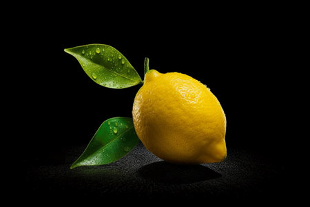Lemon with leaf on black background. Close up. Studio shot.の素材