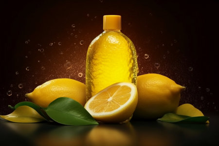 bottle of lemon oil with lemons and leaves on dark backgroundの素材