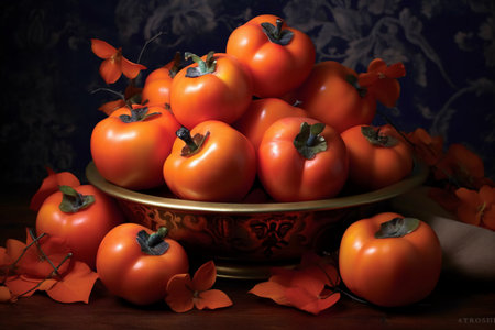 Ripe persimmon in a bowl on a dark background.の素材