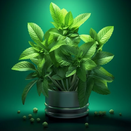 Fresh green mint leaves in a vase on a dark green backgroundの素材