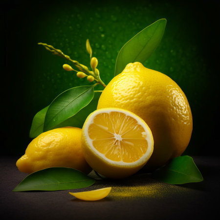 Lemons and lemons with green leaves on a dark backgroundの素材