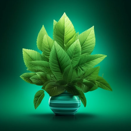 Green leaves in vase isolated on green background. 3d illustrationの素材