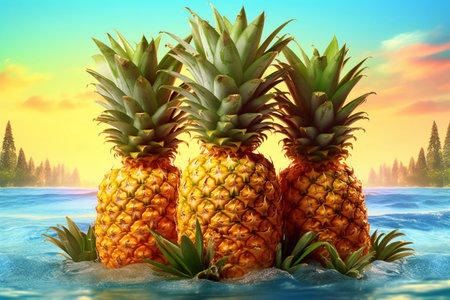 Pineapples on the beach at sunset, 3d renderの素材