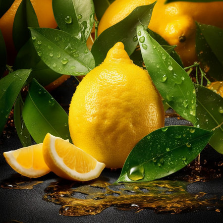 Lemons with leaves and drops of water on a black backgroundの素材