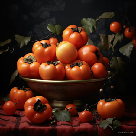Still life with persimmon fruits in a bowl on a dark backgroundの素材