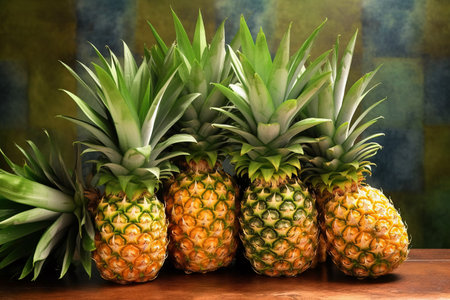 Pineapples on wooden table against grunge background. Tropical fruitの素材