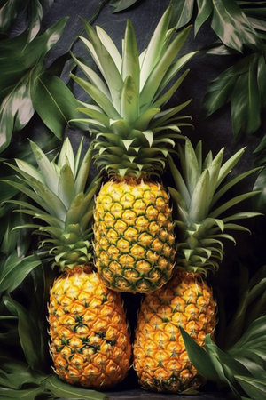 Fresh Pineapples on a black background. Tropical fruits concept.の素材