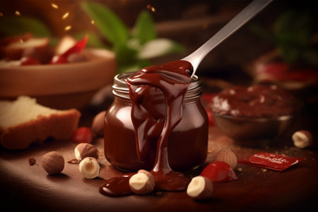 Chocolate fondue in a jar with chocolate and hazelnutsの素材