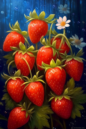 Strawberries and daisies on a dark blue background.の素材