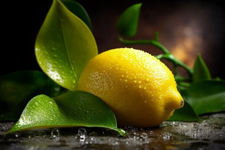 Lemon with green leaves and water drops on a dark background.の素材