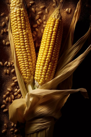 ears of corn with grains on a dark background. tinting. selective focusの素材
