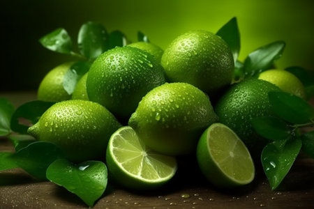 Fresh limes with leaves on a wooden table. Green background.の素材