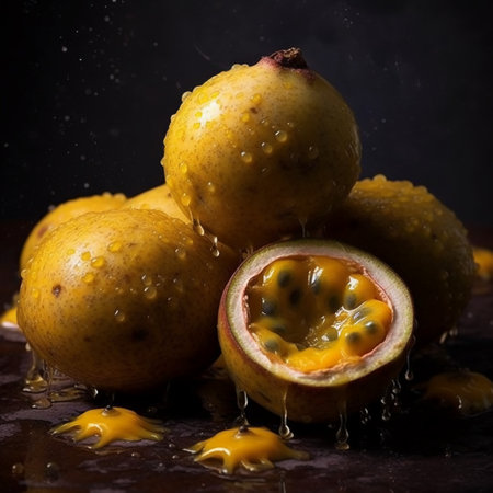 Passion fruit with water drops on a dark background. Selective focus.の素材