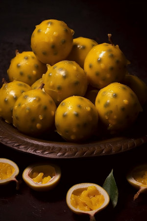 Yellow passion fruit in a clay bowl on a wooden table. Selective focus.の素材