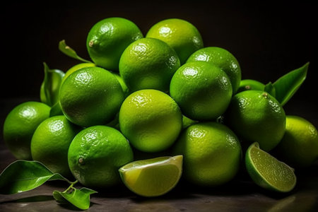 Fresh limes with leaves on a dark background. Selective focus.の素材