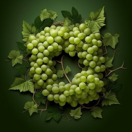Green grapes with leaves on a green background. 3d illustration.の素材