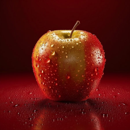 Red apple with water drops on red background. Close-up.の素材