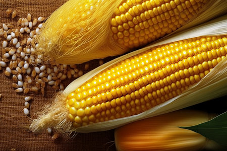 Fresh corn on the cob with grains on sackcloth background, top viewの素材