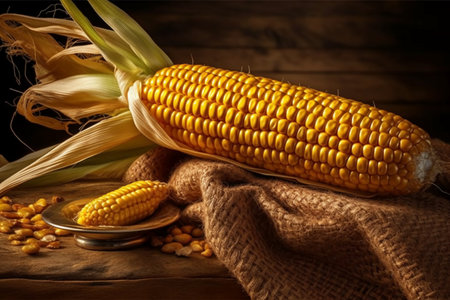 Fresh corn on the cob on a wooden table with burlap.の素材