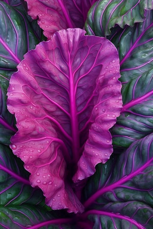 Purple cabbage leaves background. Close-up. Top view.の素材