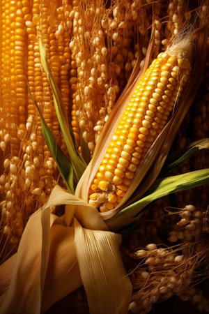Ripe corn on the cob on a background of ears of wheatの素材