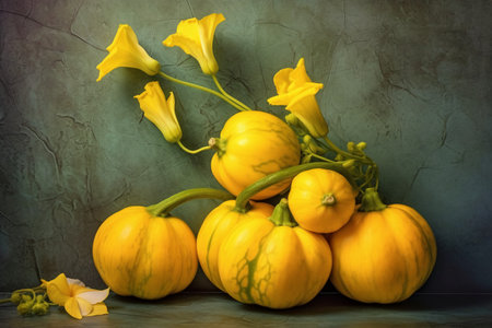 Yellow pumpkins and yellow flowers on a dark background. Toned.の素材