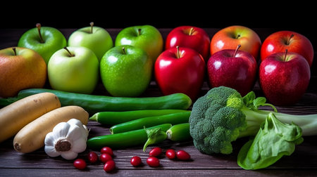 Fruits and vegetables on a wooden table. Healthy food background.の素材