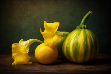 Still life with pumpkins and yellow flowers on a dark background.の素材
