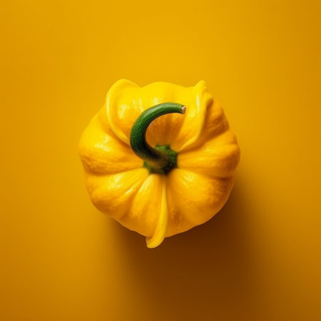 Yellow pumpkin on a yellow background. Minimal concept. Flat lay, top view.の素材