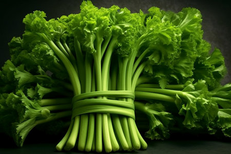 Bunch of fresh green celery on dark background, closeupの素材