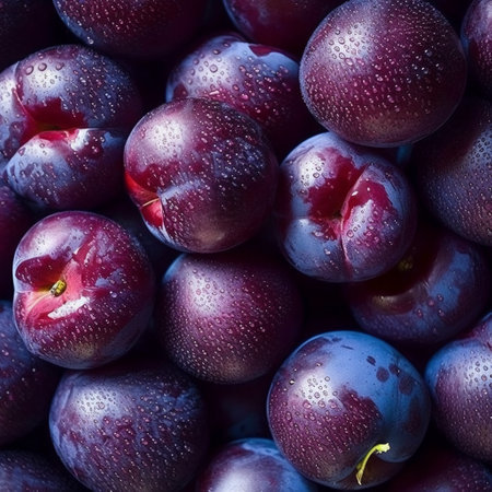 Fresh plums as a background. Top view. Close-up.の素材