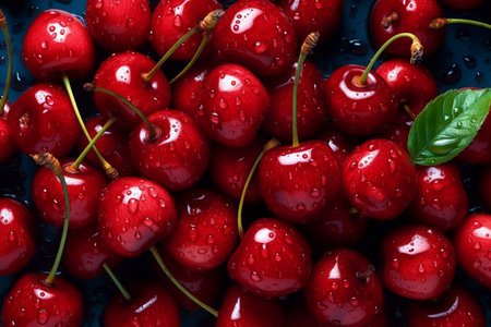 Fresh cherries with water drops on a dark background. Top view.の素材