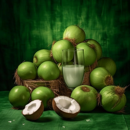 Coconut milk in glass and fresh coconuts on green backgroundの素材