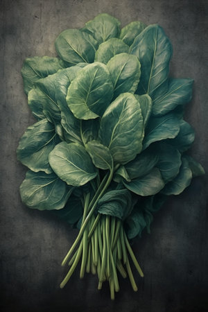 Bunch of fresh spinach on grunge background. Toned.の素材