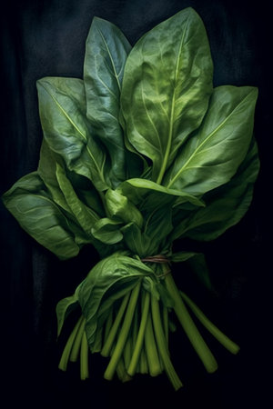Bunch of fresh green spinach on black background. Top view.の素材