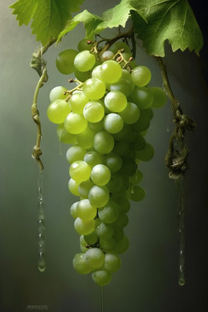 Bunch of fresh green grapes with water drops on dark background.の素材