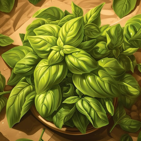 Illustration of fresh green basil leaves in a bowl, top viewの素材